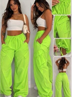 THREE pairs of No Boundaries NeonGreen, White and Black Wide-Leg Parachute pants